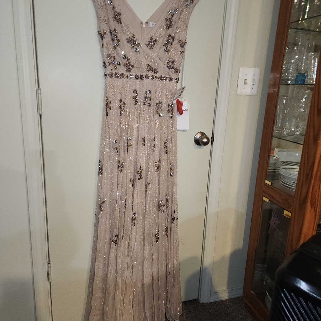 Mac Duggal Beaded Mesh Cap Sleeve Gown, In Blush Color
